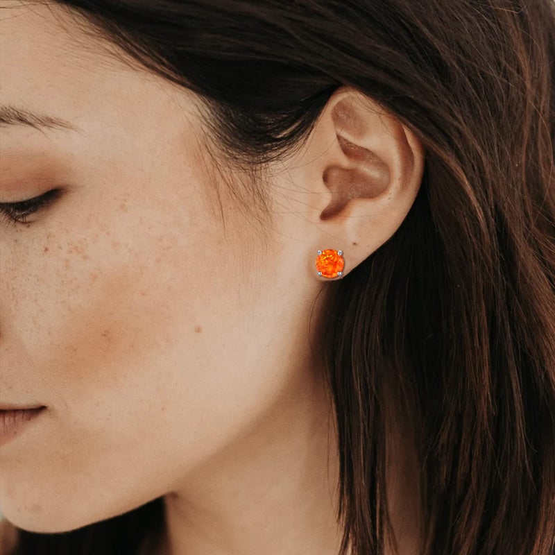 CERSLIMO 18K White Gold Plated Fire Opal Stud Earrings Birthstone Earrings For Women 8mm (Orange) - Image 2